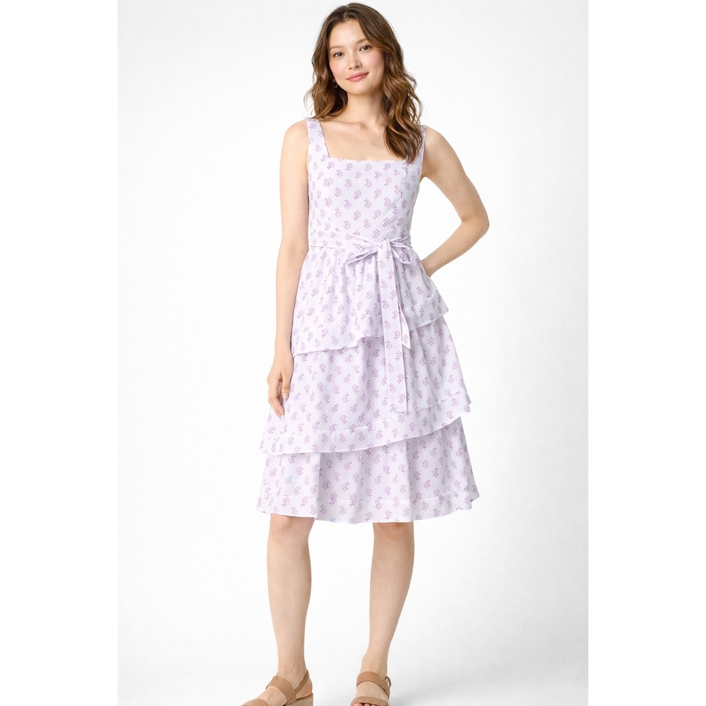 J.Crew Tiered Floral Midi Dress Size 8 White Purple Smocked Coquette Cottagecore